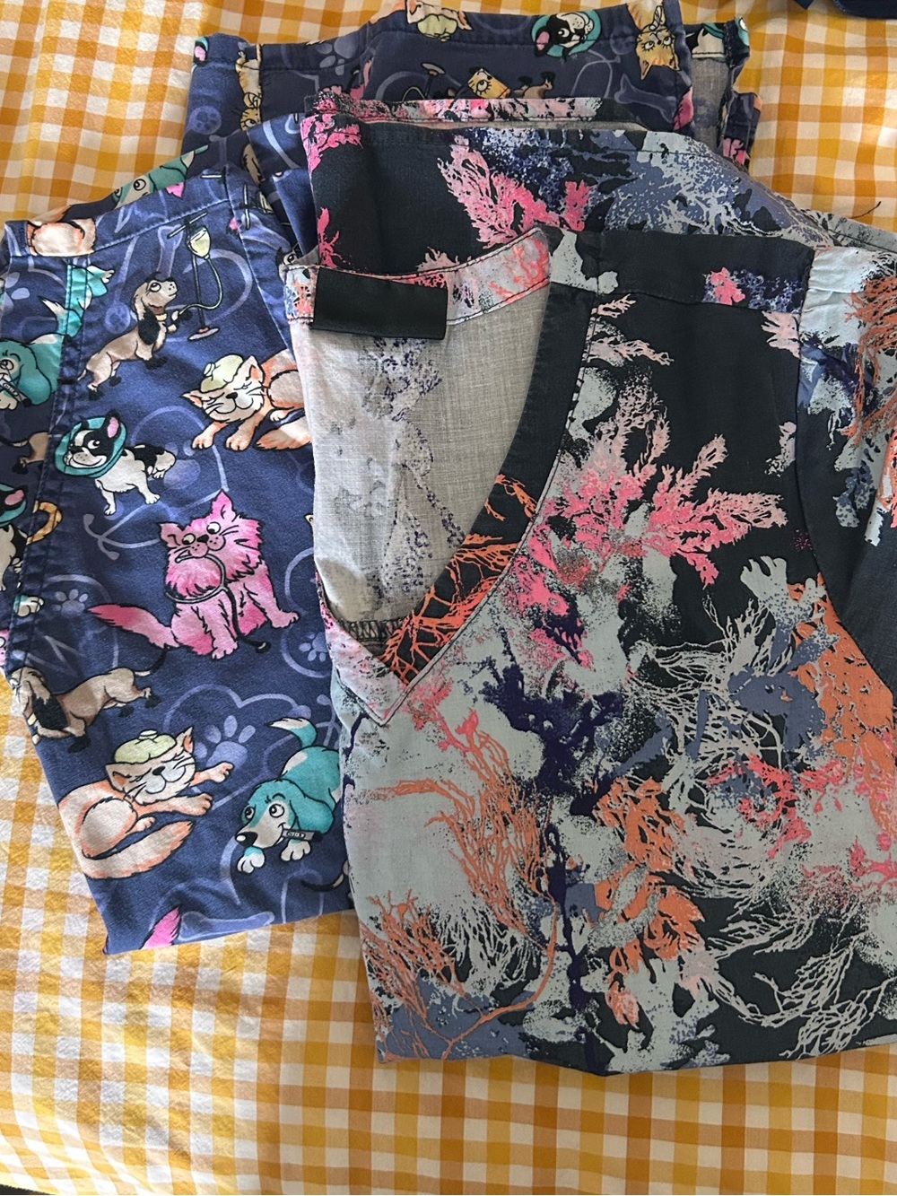 2 printed pediatric scrub tops blue pink XS